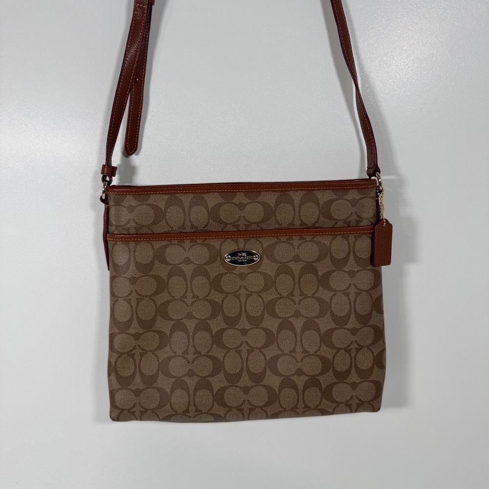 Coach File Bag Signature Canvas Brown Khaki Crossbody Burgundy Accents 2014-2016